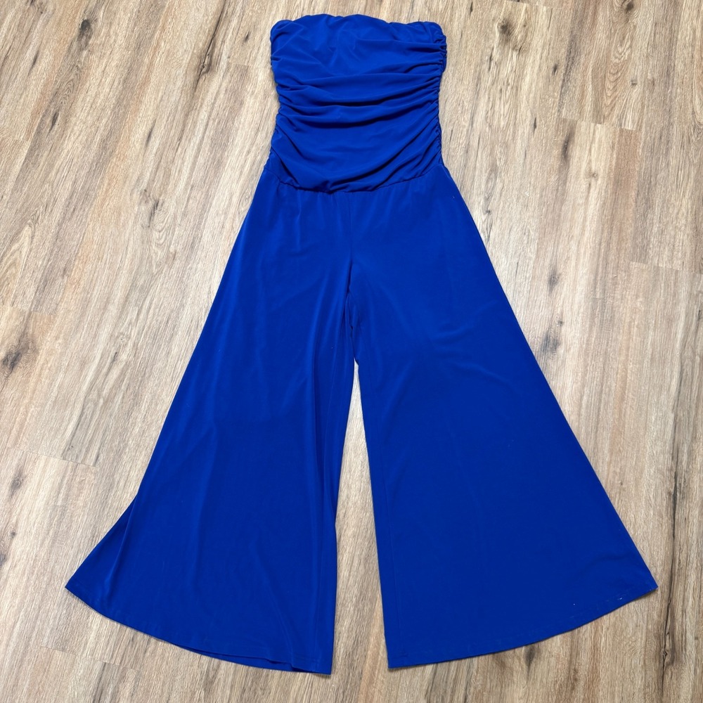 Shape FX Ruched Strapless Wide Leg Jumpsuit Women Large Royal Blue Lined Stretch